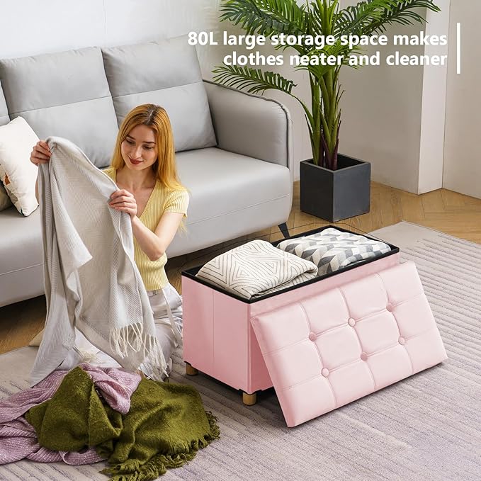 30 Inches Folding Storage Ottoman Bench, Velvet Storage Chest, Footrest Couch with Wooden Legs, Support 350lbs for Bedroom, Living Room, Hallway, Pink