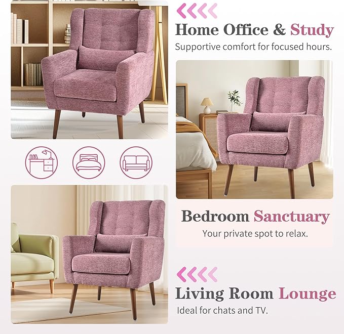QKFF Accent Chair Set of 2, Upholstered Armchair with Pillow, Fabric Single Sofa Chair with Lounge Seat and Wood Legs Accent Chair for Living Room Small Spaces (Purple, Set of 2)