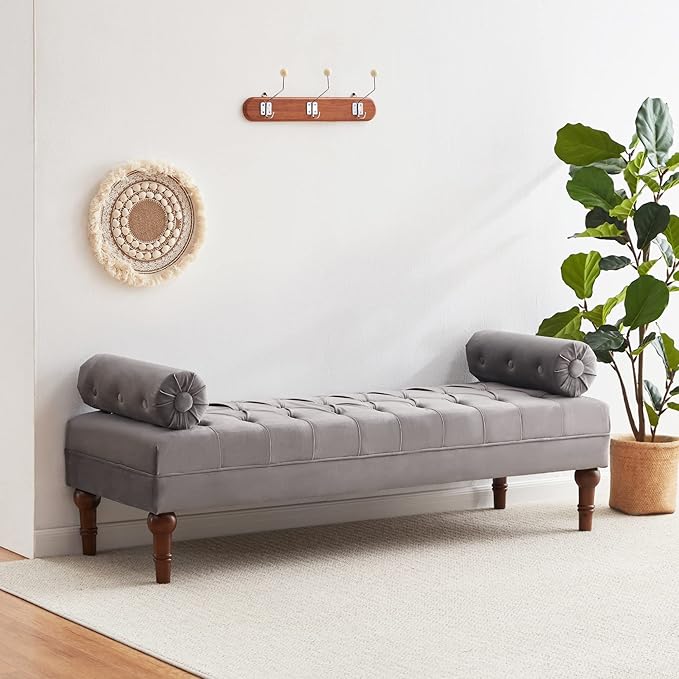 60.2" End of Bed Bench,Large Size Velvet Bench for Bedroom,Upholstered Window Bench with Button-Tufted,Entryway Bench,Storage Bench for Living Room(Gray)
