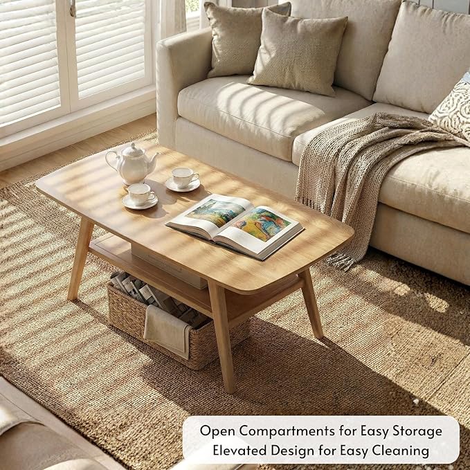 Hymus Wood Coffee Table - 100% Solid Wood- 2-Tier Coffee Table with Storage for Living Room, Eco-Friendly Finish, Easy Assembly (Natural, 31.49" D x 19.68" W x 17.32" H)