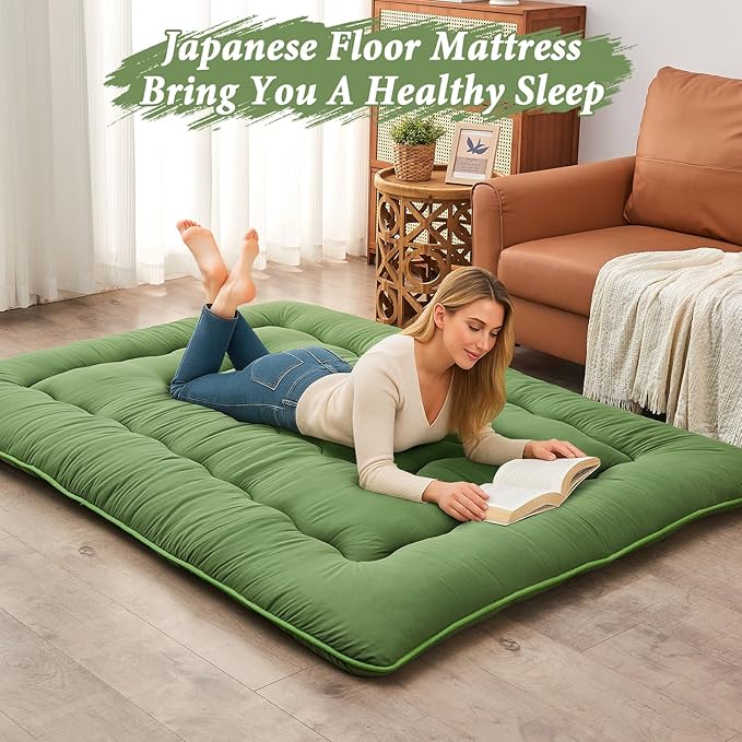 DAICO Japanese Floor Mattress, 4'' Thicken Futon Mattress Tatami Mat, Sleeping Pad Foldable Roll Up Mat for Camping and Guest Room, Full Size 54''*80'', Green