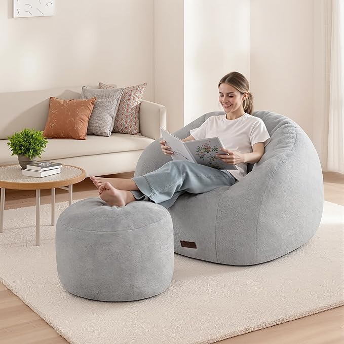 HABUTWAY Bean Bag Chair, Oversized Shell-Shaped Bean Bag Couch with Ottoman, Giant Beanbag Chair for Adults and Kids, Comfy Bean Bag Sofa & Footstool, Large Floor Sofa for Living Room Bedroom, Grey