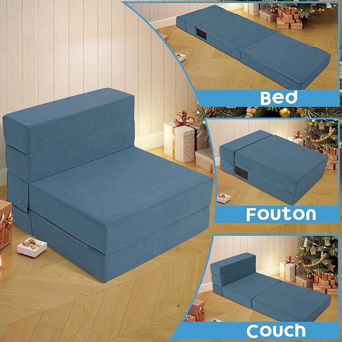 Folding Sofa Bed with Backrest 4 in 1 Convertible Sleeper Chair Memory Foam Fold Out Chair Bed Foldable Mattress Portable Floor Futon Sofa Couch for Living Room/Dorm/Guest Room/Home Office