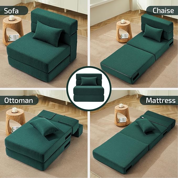Folding Sofa Bed with Pillow- Convertible Chair Floor Couch & Sleeping Mattress, Foldable Memory Foam Sleeper for Living Room/Dorm/Guest Room/Home Office/Apartment/Loft, Single26, Dark Green