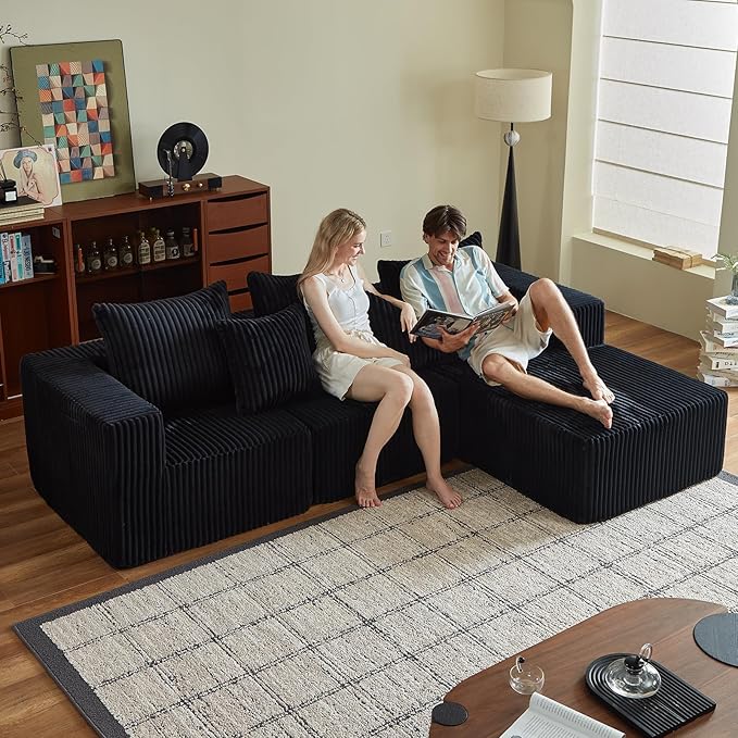 ERORVX 102" Black Couch for Living Room,Boneless Couch No Assembly Required,Comfy Couches with Oversized Chaise,Compressed Sofa for Any Room,Modern Sofa-Corduroy