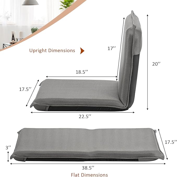 BestComfort Folding Floor Chair 6-Position Adjustable Meditation Video Gaming with Back Support for Reading TV Watching, Portable Seat Lounge Sofa Kids Teens Adult, Grey (65605)
