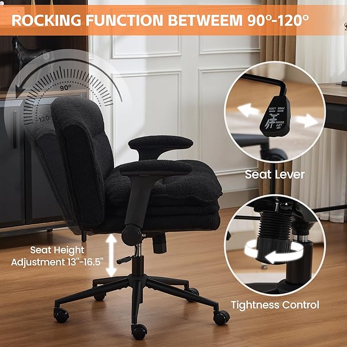 Criss Cross Chair with Flip-up Arms, Wide Criss Legged Chair with 3 Layer Cushion, Ergonomic Office Desk Chair with Wheels, Swivel Vanity Chair for Office, Living Room, Bedroom, Boucle Black