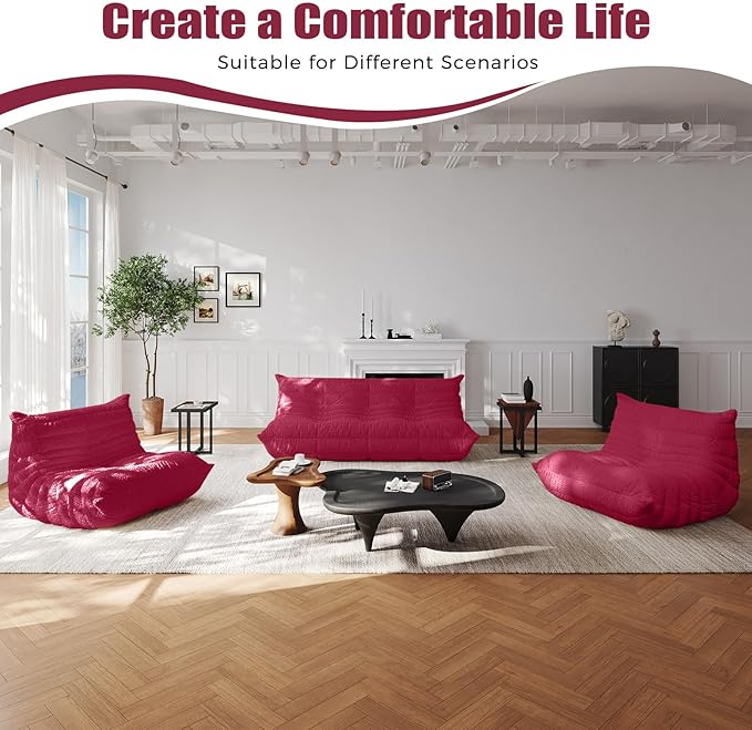 Selyteramy 3 Seat Oversized Bean Bag Chairs for Adults, Memory Foam Fireside Beanbag Couch, Comfy Bean Bag Lounger Lazy Sofa for Living Room, Bedroom, Playroom, Red