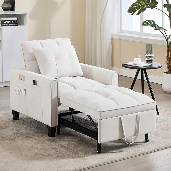 choairy Convertible Sleeper Chair, 3 in 1 Sleeper Chair Bed Pull Out Sofa Bed Chairs, Velvet Single Sofa with Adjustable Backrest for Adults Reading Living Room, Bedroom, Beige