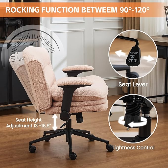 Criss Cross Chair with Flip-up Arms, Wide Criss Legged Chair with 3 Layer Cushion, Ergonomic Office Desk Chair with Wheels, Swivel Vanity Chair for Office, Living Room, Bedroom, Boucle Pink