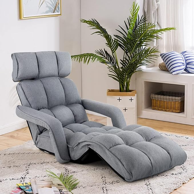 DORTALA Foldable Lazy Floor Sofa, Indoor Chaise Lounge Sofa, 6-Position Folding Padded Lounger Bed with Adjustable Armrest, Backrest and Footrest for Living Room, Bedroom, Office, Gray