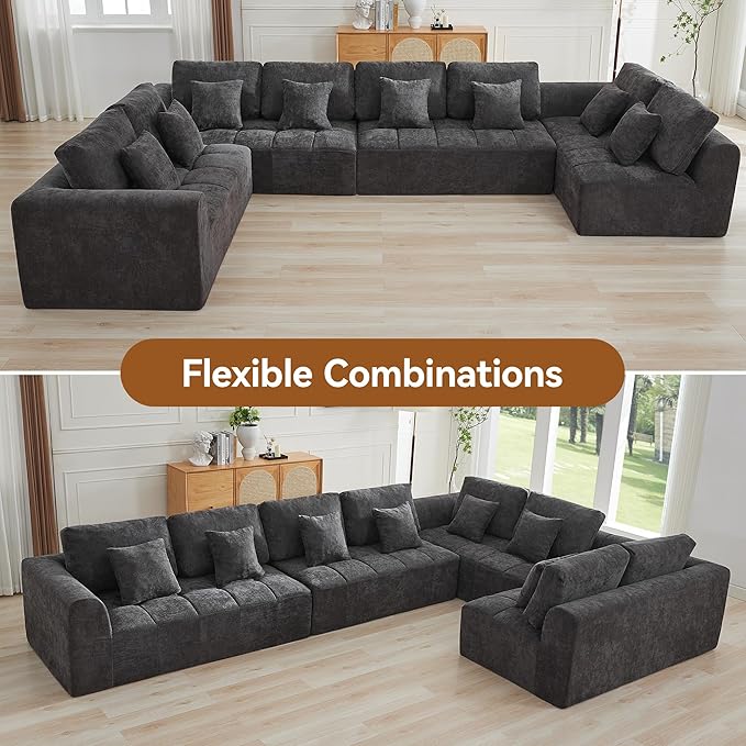 170''Modular Sectional Couches for Living Room, Cloud Boneless Compressed Sectional Sofa, Oversized U Shaped 8 Seater Upholstered Memory Foam Sofa, No Assembly, Chenille Grey