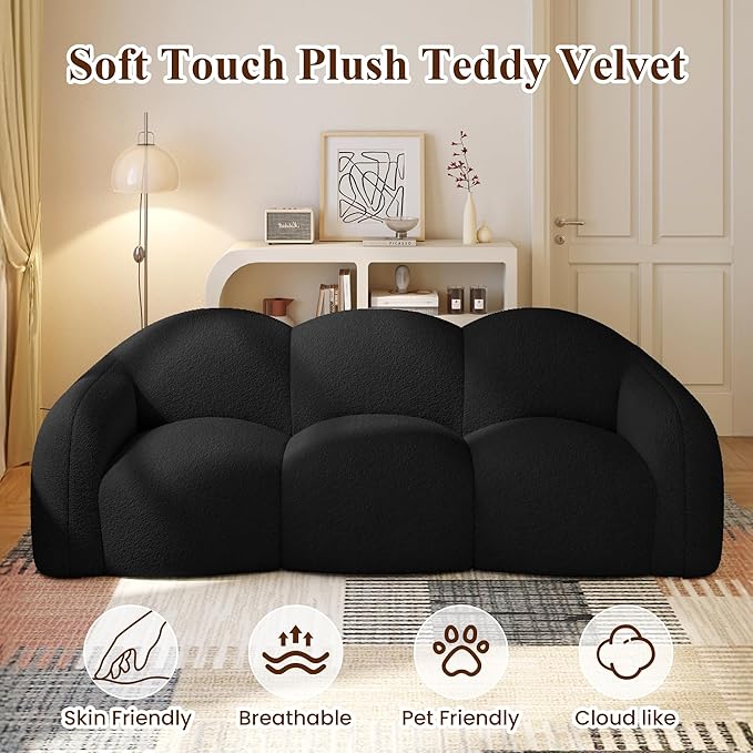 WJShome 90" Modern Curved Cloud Shaped Couches for Living Room, Bean Bag Chair Lazy Floor Couch, Cozy Leisure Boneless 3 Seater Sofa for Bedroom, Apartment-No Assembly Required (Black)
