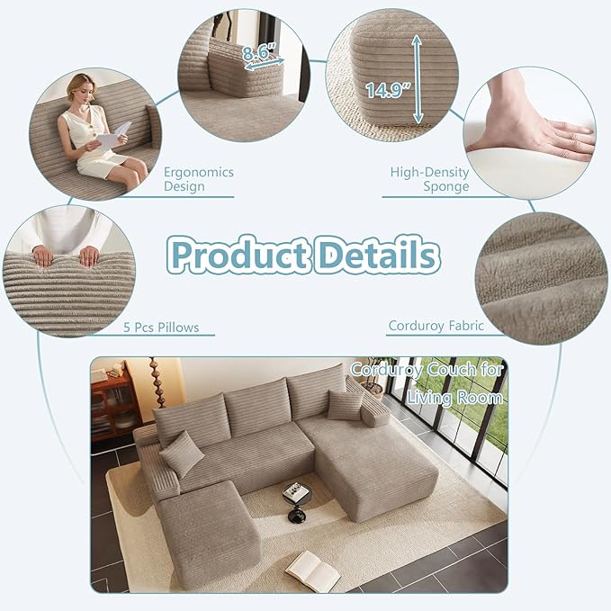 95" Cloud Sectional Couch with Ottoman,Modern U-Shaped Cloud Couch with Deep Seat,Comfy Corduroy 3-Seater Sofa,Memory Foam Sofa for Living Room,No Assembly (Camel,Right-Facing Chaise)