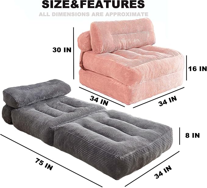 Kisoy Folding Sofa Bed, Convertible Sleeper Chair Couch Bed Faux Rabbit Fur for Adults, with Back Support Floor Couch Comfy Floor Sofa for Living Room Bedroom, Dusty Pink, Single