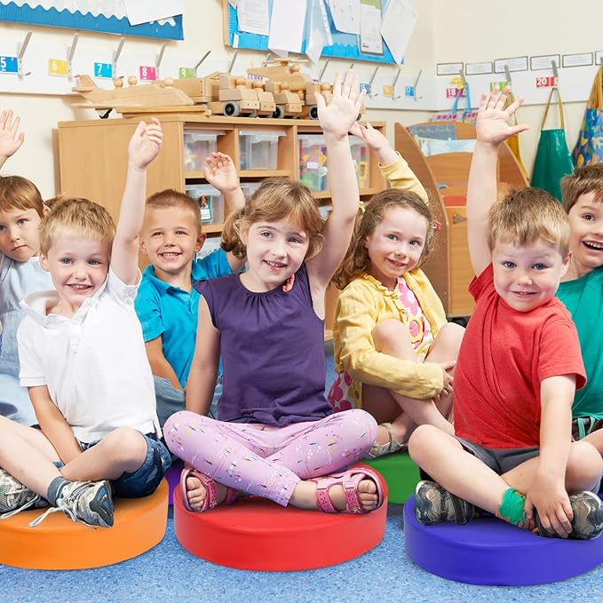 DORTALA 6 PCS Round Flexible Seating Floor Cushions, PU + EPE Portable Classroom Cushion w/Handles, Stackable Seating Cushions for Classroom, Daycare, Preschool (Red)
