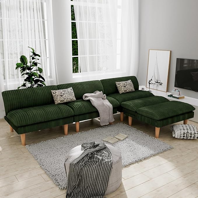 2 Sets 69" Futon Sofa Bed, 4 in 1 Multi-Function Couch Sleeper with Adjustable Backrest, Modern Convertible Futon, Recliner Small Loveseat for Living Room, Plush Green
