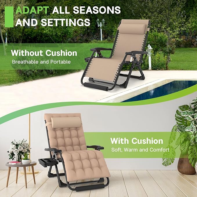 ZENPETIO Oversized Zero Gravity Chair, 33In XXL Zero Gravity Recliner Lounge Chair, Anti Gravity Chair for Indoor and Outdoor, Reclining Camping Chair for Lawn and Patio w/Cushion and Footrest, 500LBS