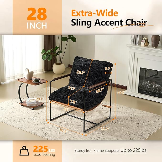 VINGLI 28" Wide Plush Upholstery Sling Modern Accent Chair Set of 2, Cute Reading Armchair with Removable Seat Cushion & Tan Microfiber Seat Base, Lazy Chair for Bedroom & Lounge,Black
