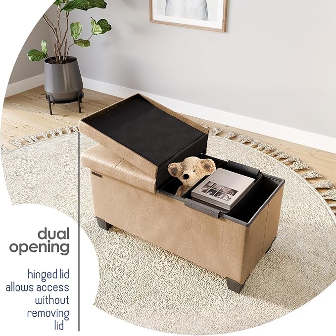 Storage Ottoman Bench with Bins, 30-in Storage Bench for Bedroom End of Bed, Folding Foot Rest Ottoman for Living Room Max 660lbs, Faux Leather Ottomans, Taupe