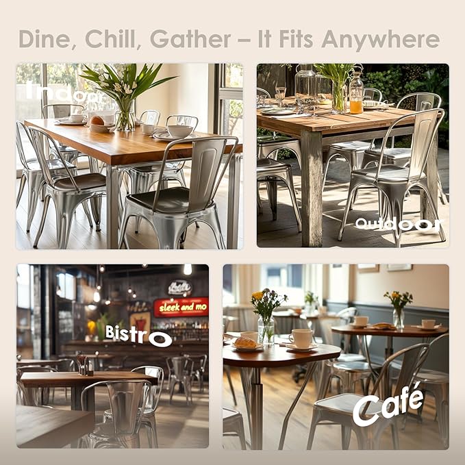 Metal Dining Chairs Set of 6 - Stackable Tolix Chair Indoor/Outdoor for Kitchen, Cafe,Restaurant, Bistro & Patio Multiple Colors(Silver)