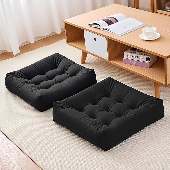 Tikuns 2Pcs Floor Pillows for Adults, 22 * 22 Inch Meditation Cushions, Large Square Sitting Cushion Living Room Memory Foam Pillow for Sitting (2, Black, 22x22x4 Inch)