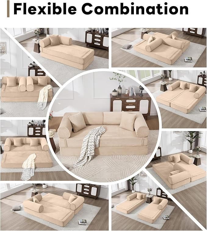 Tbfit 79'' Folding Boneless Couch, Oversized Corduroy Convertible Sofa Bed, Futon Mattress Sleeper Sofa, Comfy Foldable Upholstered Floor Couches for Living Room, Khaki