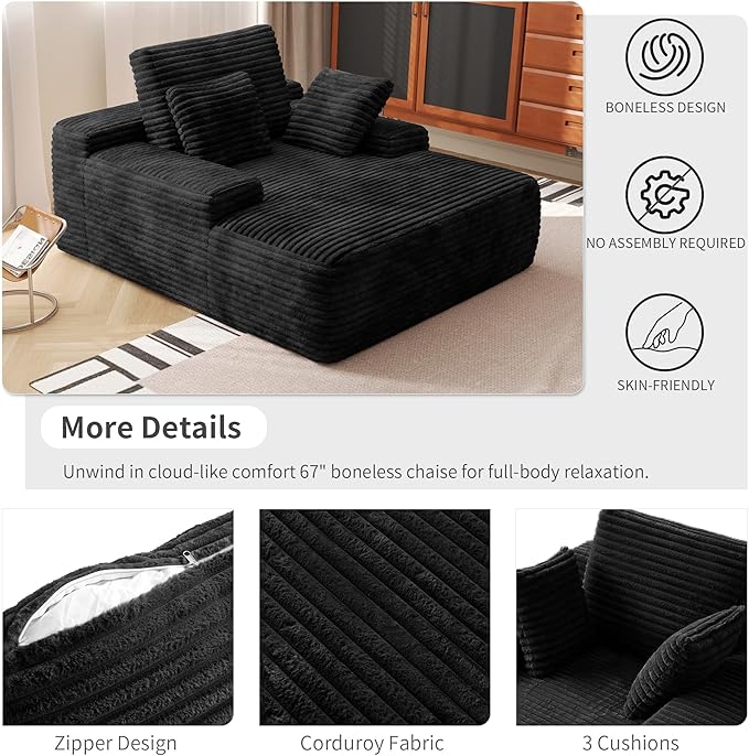 WJShome Oversized Chaise Lounge Chair Indoor, Plush Corduroy Boneless Sofa Bed, Cloud Reading Chair with Throw Pillow for Living Room (Black)