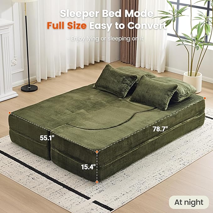 Orynveela Convertible Folding Sofa Bed, 78” Full Size Floor Sleeper Couch, Chenille Full Foam Futon Loveseat for Living Room Bedroom, No Assembly Required (Green)