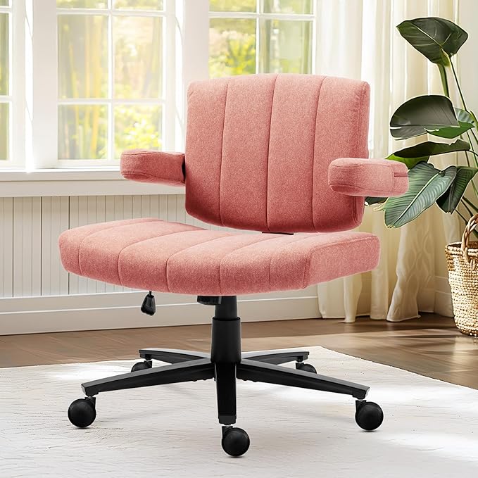 Vigosit Pink Criss Cross Office Chair with Wheels, Ergonomic Wide Seat Vanity & Dressing Table Chair, Adjustable Arms Swivel Rolling Desk Chair for Women, Comfortable Cross-Legged Support
