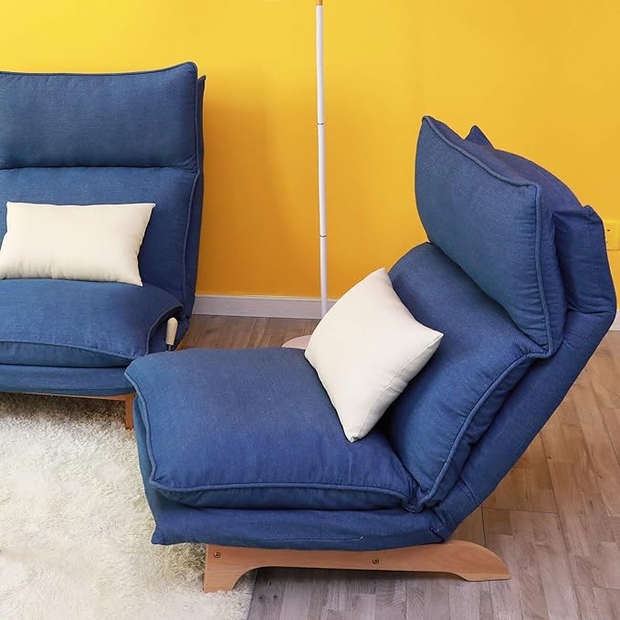Floor Chair Single Lazy Sofa Leisure Balcony Reclining Japanese Tatami Adjustable Recliner with Ottoman for Living Room, Bedroom, Indoor Use (Stacked Footstool, Blue)