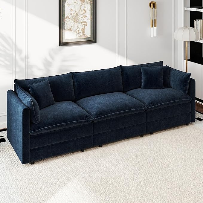 Aoowow Modular Sectional Sofa,112.2 Inch Deep 3-Seater Sofas Comfy Chenille Cloud Sofas and Couches with Pillows for Living Room Apartment（Blue）