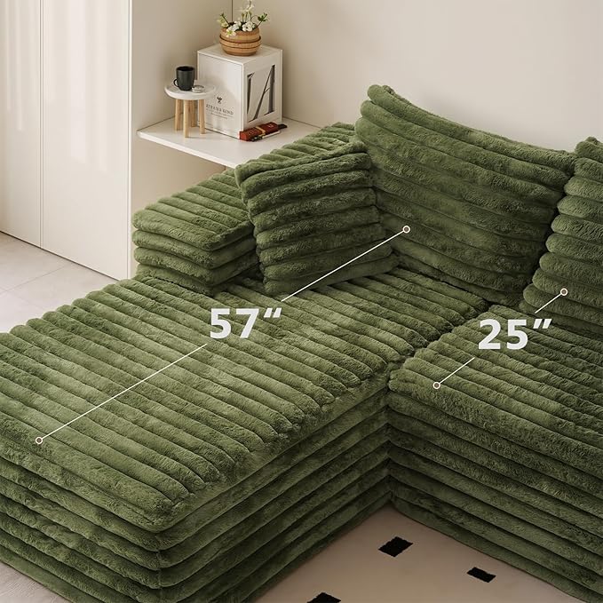 Sectional Cloud Boneless Couch for Living Room Bedroom, Comfy Modern L Shaped Modular Sofa with Left Facing Chaise, Deep Seat Memory Foam Couch in Box, No Assembly (Wide Striped Corduroy, Green)