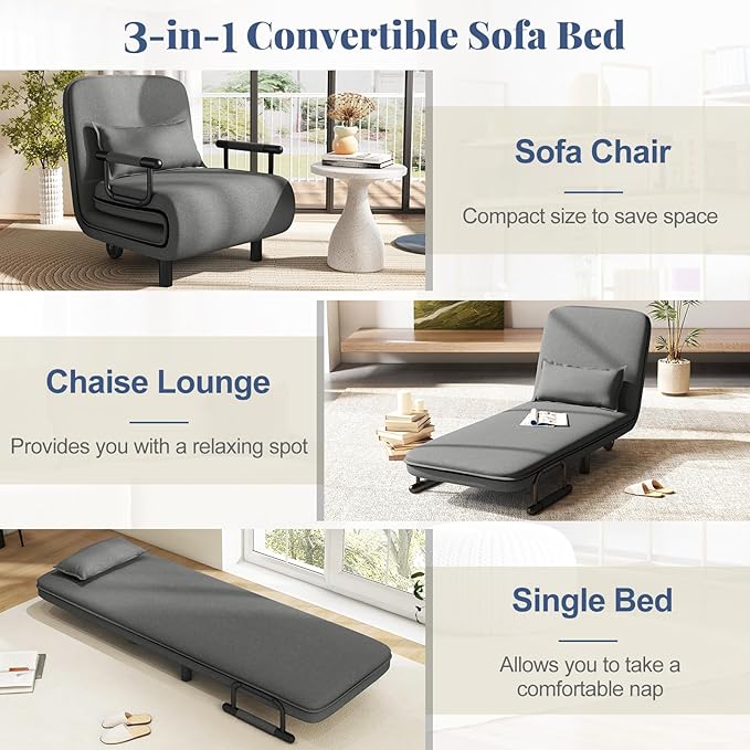 Giantex Convertible Sofa Bed, 3-in-1 Folding Sleeper Chair with 5-Position Adjustable Backrest, Wheels, 2 Legs, Recliner Chaise Lounge with Pillow, Armchairs for Nursery Living Room Office (Gray)