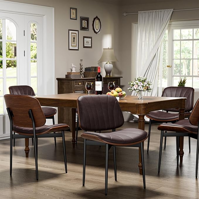 YaFiti Dining Chairs Set of 2, Dining Room and Kitchen Chairs, Mid Century Modern Accent Chair, Upholstered PU Leather Chairs for Vanity with Walnut Bentwood and Metal Legs, Brown