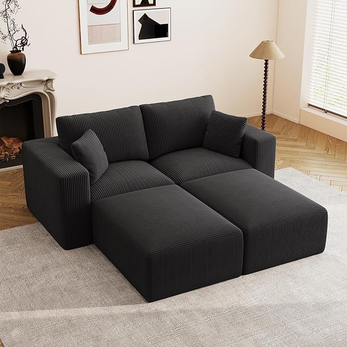 79" Modular Sectional Sofa, Cloud Couch Loveseat Memory Foam Boneless Couch with Ottoman, Cozy 2 Seater Corduroy Floor Couch, No Assembly Required Living Room Furniture for Apartment, Black