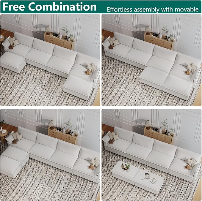 Modular Sectional U Shaped Sofa Couches with Storage Ottoman, Cloud Couch for Living Room, Comfy Sofa with Pillow, White
