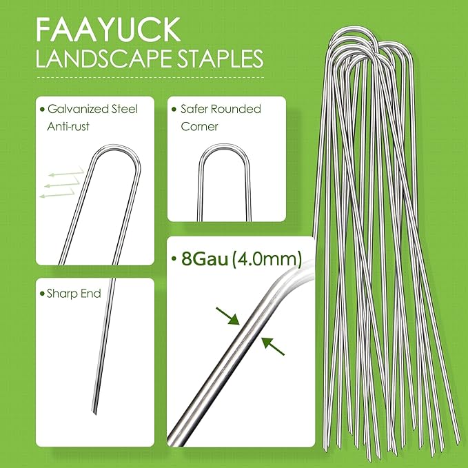 FAAYUCK 12 Inch Landscape Staples, 50 Pack Galvanized Landscape Stakes Heavy Duty 8 Gauge U-Shaped Garden Stakes, Ground Stakes for Weed Barrier Fabric, Irrigation Tubing, Fence, Outdoor Decorations