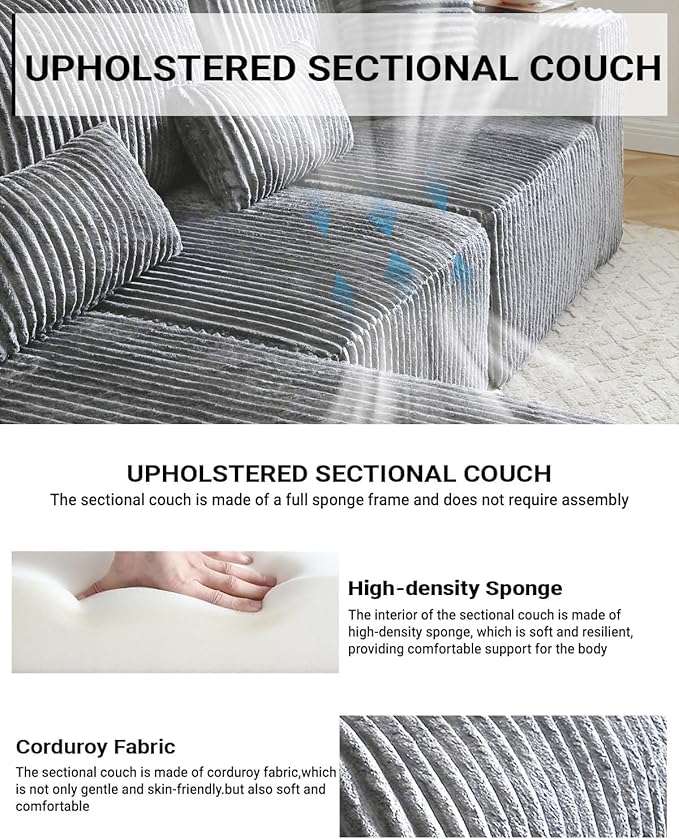 Vanress 110" Cloud Couch Sectional, Corduroy Boneless Couch with L-Shape Chaise,Modern Modular Sectional Sofa Comfy Deep Seat for Living Room, Bedroom, No Assembly (Dark Grey, Right Facing Chaise)