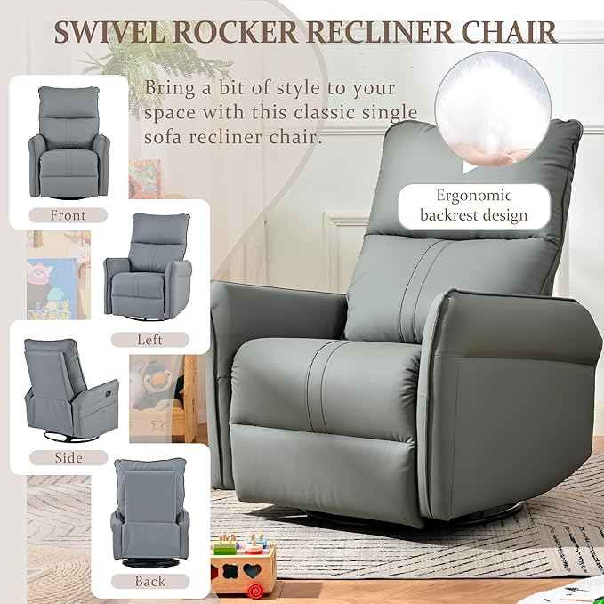 QKFF Power Swivel Rocker Recliner Chair for Nursery, Upholstered 270° Swivel Glider Rocker Chair with USB Ports, Small Power Recliners for Small Spaces Living Room