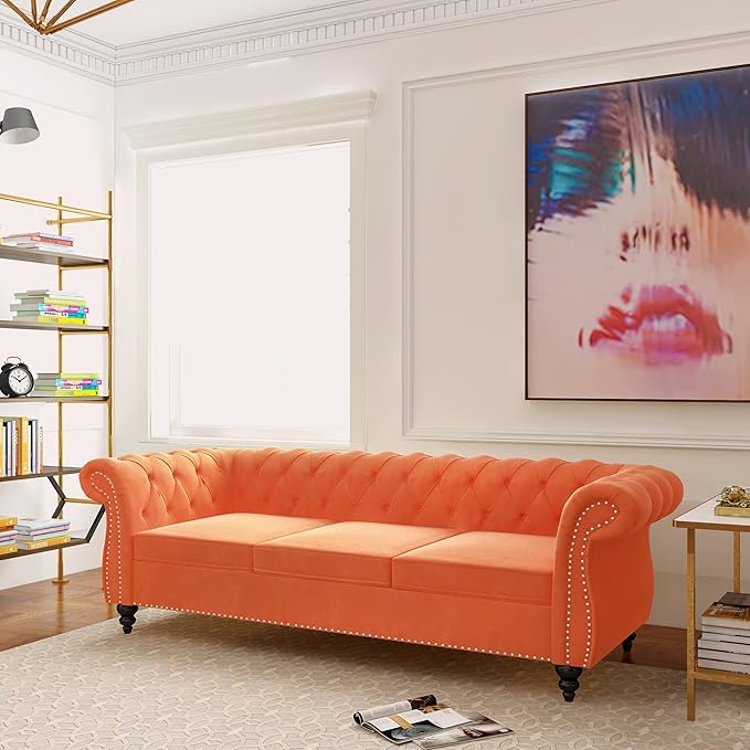 QHITTY Accent Large Sofa, Chesterfield Couch 3 Seater Modern Velvet Couch Upholstered Sofa with Tufted Back for Living Room Furniture (Orange)