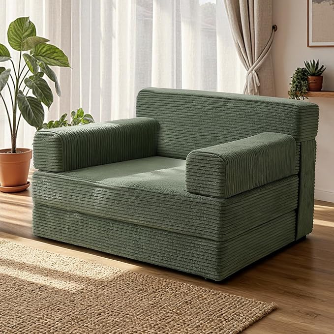 Folding Sofa Bed,Convertible Sofa Bed with Armrest Foldable Sleeper Chair, Portable Folding 4-in-1 Floor Sofa with Convertible Lounge Chair for Living Room,Bedroom,Washable Cover,Green Single