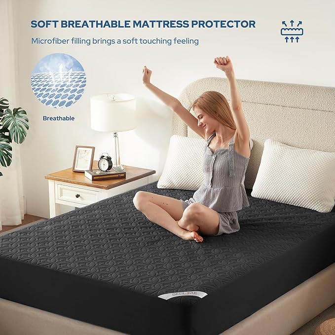 BEDLORE Waterproof Mattress Protector, Queen Size Mattress Pad Noiseless with Deep Pocket 6"-18" Depth, Soft Breathable Dirt-Proof Bed Mattress Cover Washable for Home, Bedroom, Hotel (Black)