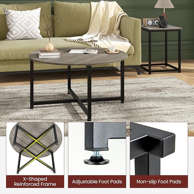Giantex Round Nesting Table Set of 3, Farmhouse Coffee Table w/2 End Tables, Sturdy Metal Frame, 3-Piece Wooden Living Room Table Set for Home Office, Apartment (Black Oak)