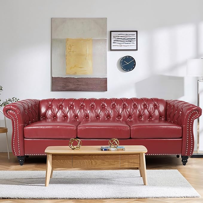 QHITTY Accent Large Sofa, Chesterfield Couch 3 Seater Modern Leather Couch Upholstered Sofa with Tufted Back for Living Room Furniture (Burgundy)