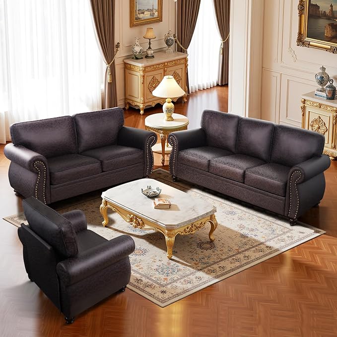 Couchus Mid-Century Vintage Sofa Couches with Rivet Design,loveseat Sofa,Removable Sofa Cover Upholstered Cushions and Solid Wood Frame (Brown, Loveseat)