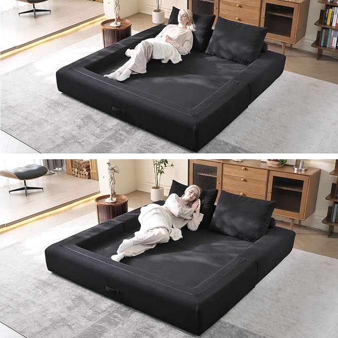 79'' Convertible Sleeper Sofa Bed, 3-in-1 Foldable Floor Couch with Corduroy Upholstery, No Assembly Loveseat, Light Brown Lounge Mattress for Living Room, Studio, Guest Room
