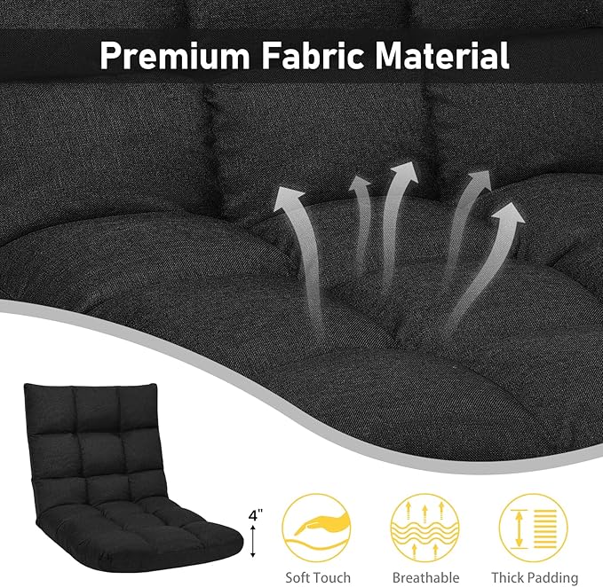 COSTWAY Floor Chair, Folding Gaming Chair with Back Support, 14 Adjustable Positions, Alloy Steel Frame, Lazy Sofa Lounge for Playing Reading Meditating Room Recliner for Adults, Kids (Black)