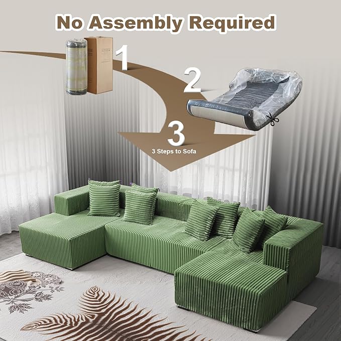 130'' U Shaped Couched for Living Room, Cloud Modular Sectional Couch with 2 Chaise Lounge, Modern Minimalist Upholstered Sofa Sleeper Deep Seat Corner Couch, No Assembly Required Green