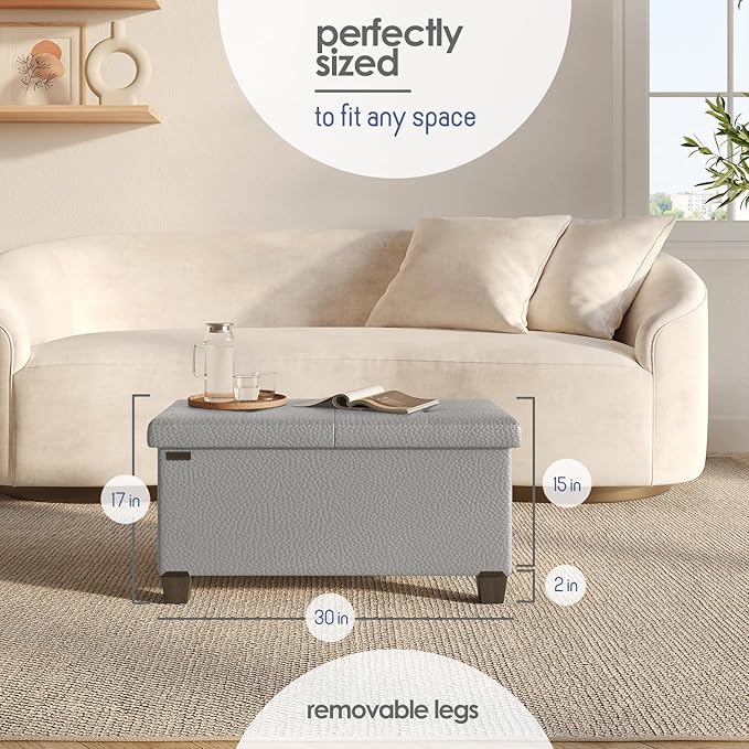 Storage Ottoman Bench with Bins, 30-in Storage Bench for Bedroom End of Bed, Folding Foot Rest Ottoman for Living Room Max 660lbs, Faux Leather Ottomans, Light Grey